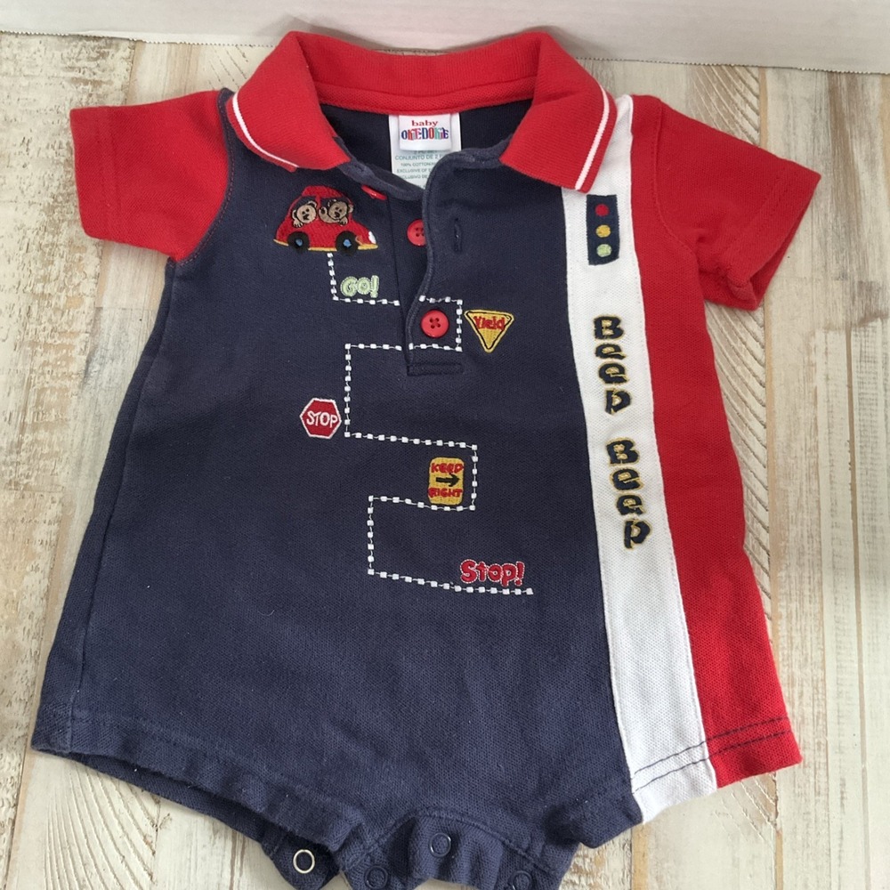 Vintage Okie Dokie Baby Romper 3-6 Months Blue Red Car Theme Cotton Outfit